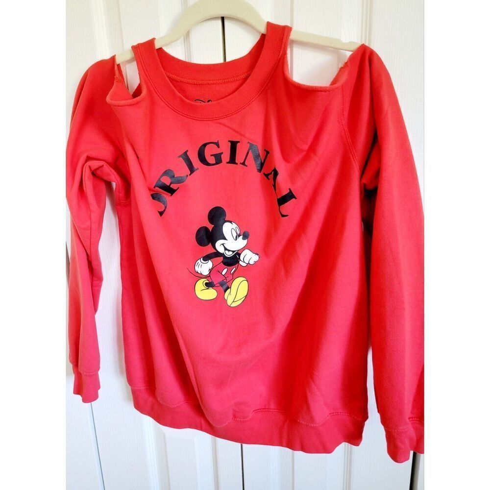 Disney XL Sweatshirt Cold Shoulder Raw Cut Orange L/S Cotton‎ Blend Mickey